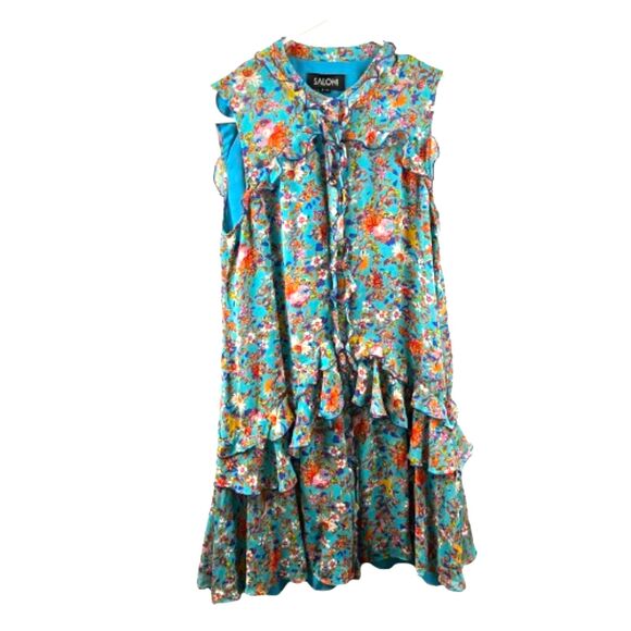 Saloni Silk Tilly Ruffle Turquoise Floral Print Mini Dress Size 4 / Small - Picture 4 of 7